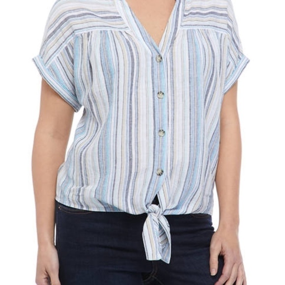 EUC Sharagano Linen Striped Tie Front Top Boho Size Small - Picture 1 of 7